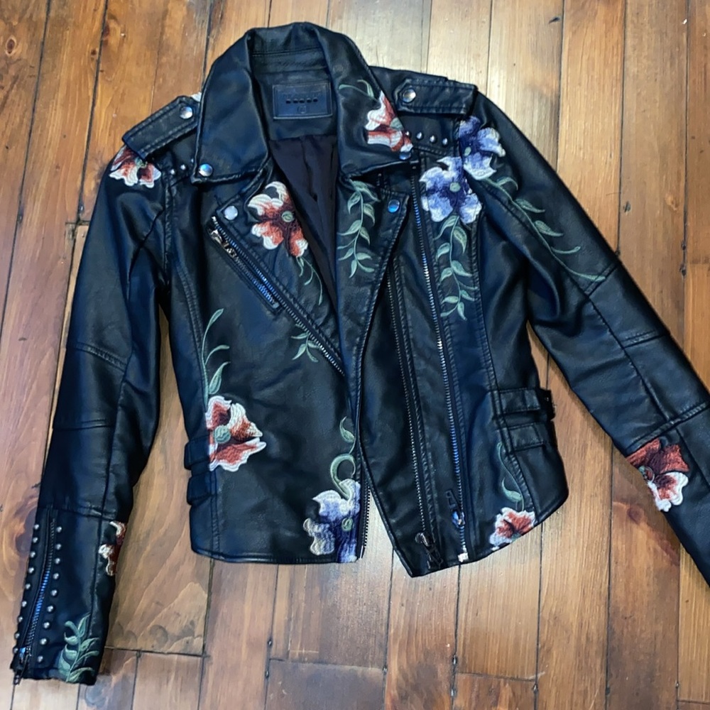 BLANK NYC floral embroidered faux leather jacket